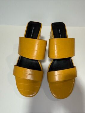 French Connection Mustard Yellow Double-Band Mule with Clear Block Heel